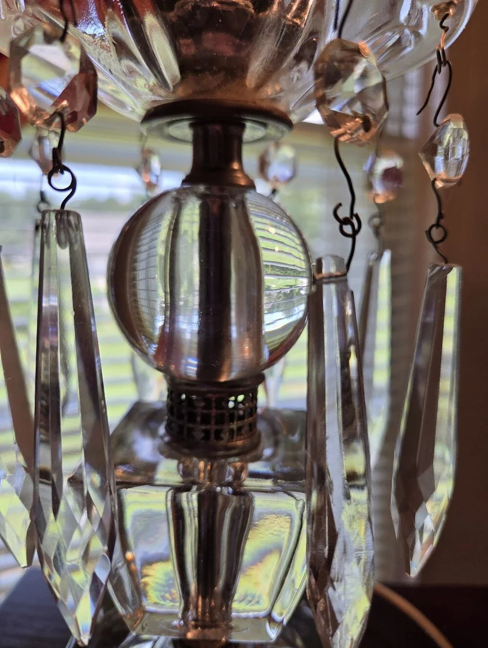 Vintage /Antique Pair of Boudoir Mantle Crystal Prisms Hurricane Table Lamps